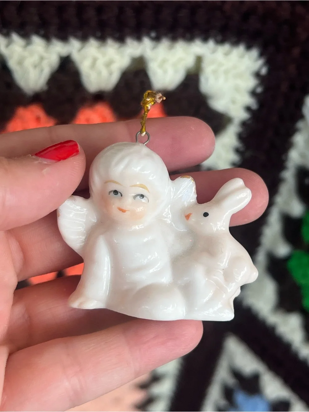 Vintage White Angel Bunny Rabbit Christmas Ornament Milk Glass Style Figurine